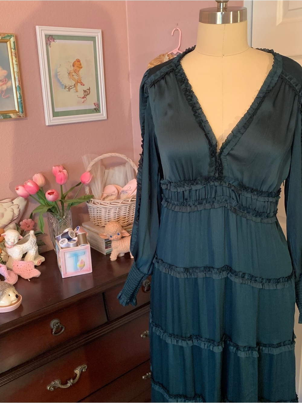 CHELSEA & VIOLET Teal Ruffled V-Neck Long Nightgown